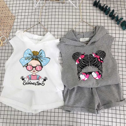 2pcs Baby Girls Cartoon Print Tank Top & Shorts