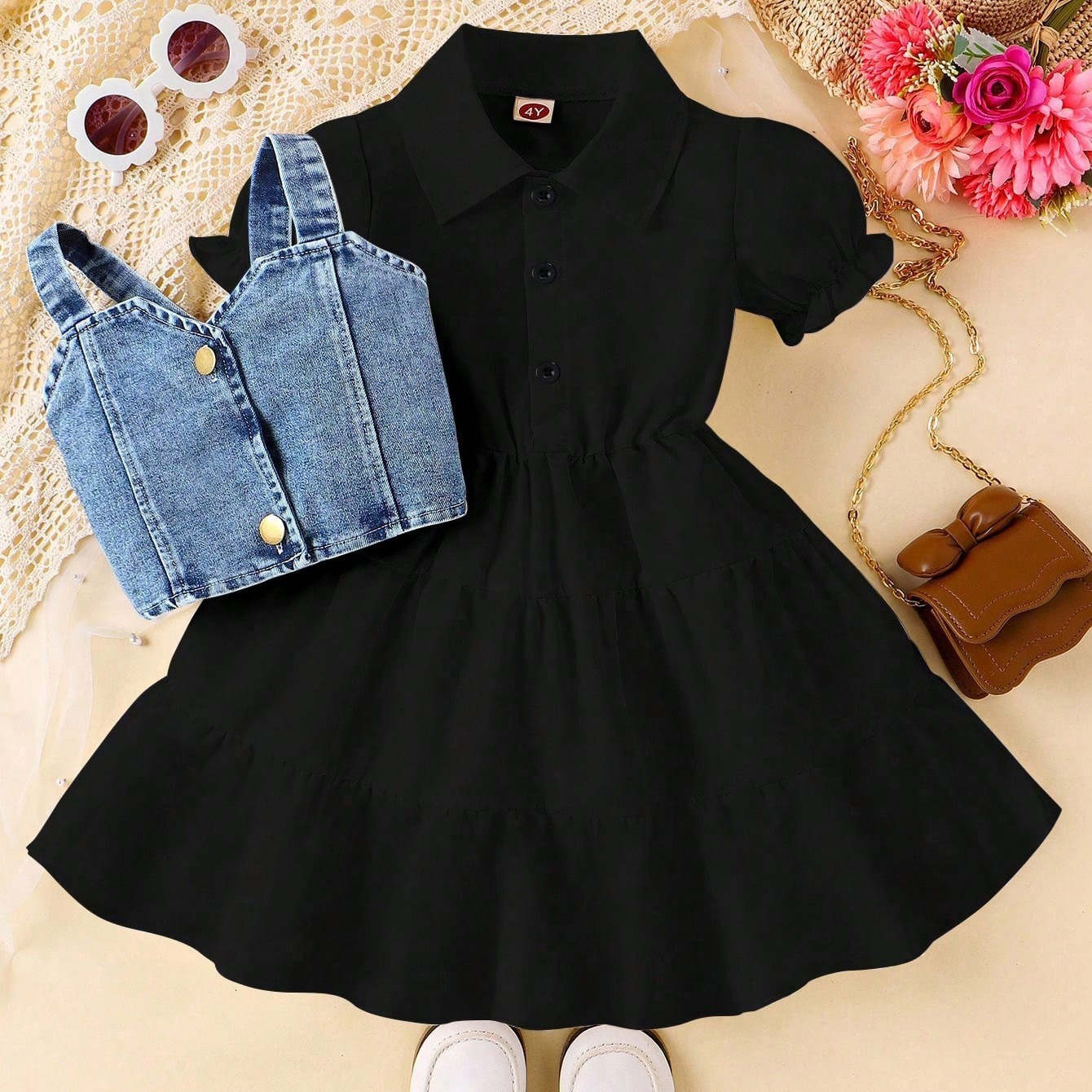2pcs Toddler Girls Puff-Sleeve Dress With Denim Jumper
