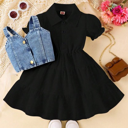 2pcs Toddler Girls Puff-Sleeve Dress With Denim Jumper