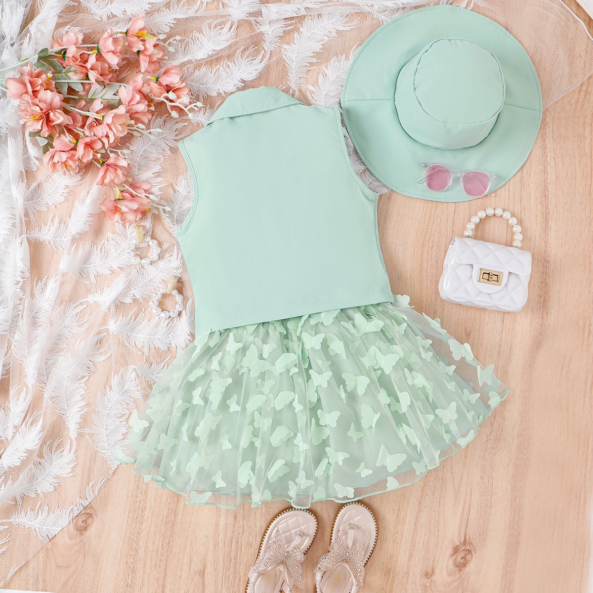 4pcs Toddler Girls Notched Lapel Blazer And Bow Tulle Skirt Outfit