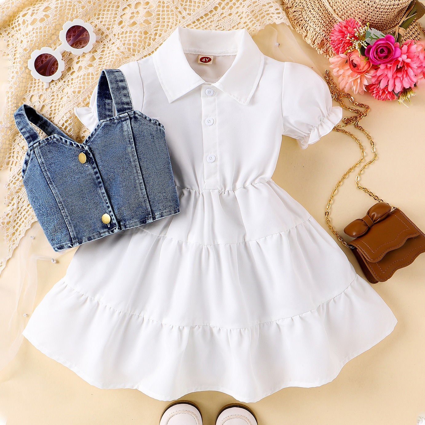 2pcs Toddler Girls Puff-Sleeve Dress With Denim Jumper