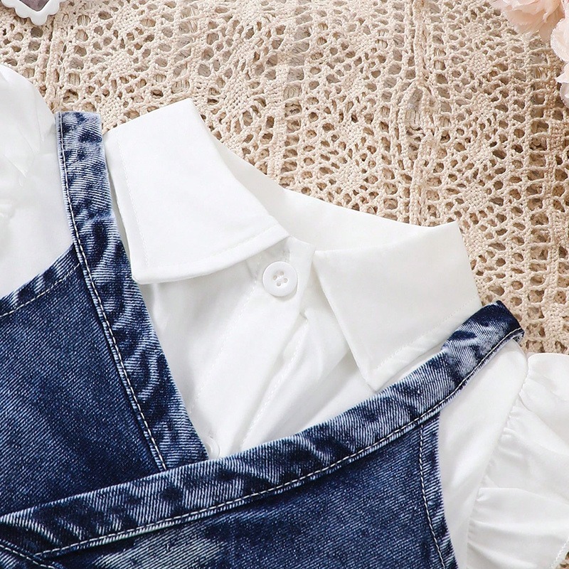 2pcs Baby Girls White Dress And Denim Vest Outfit