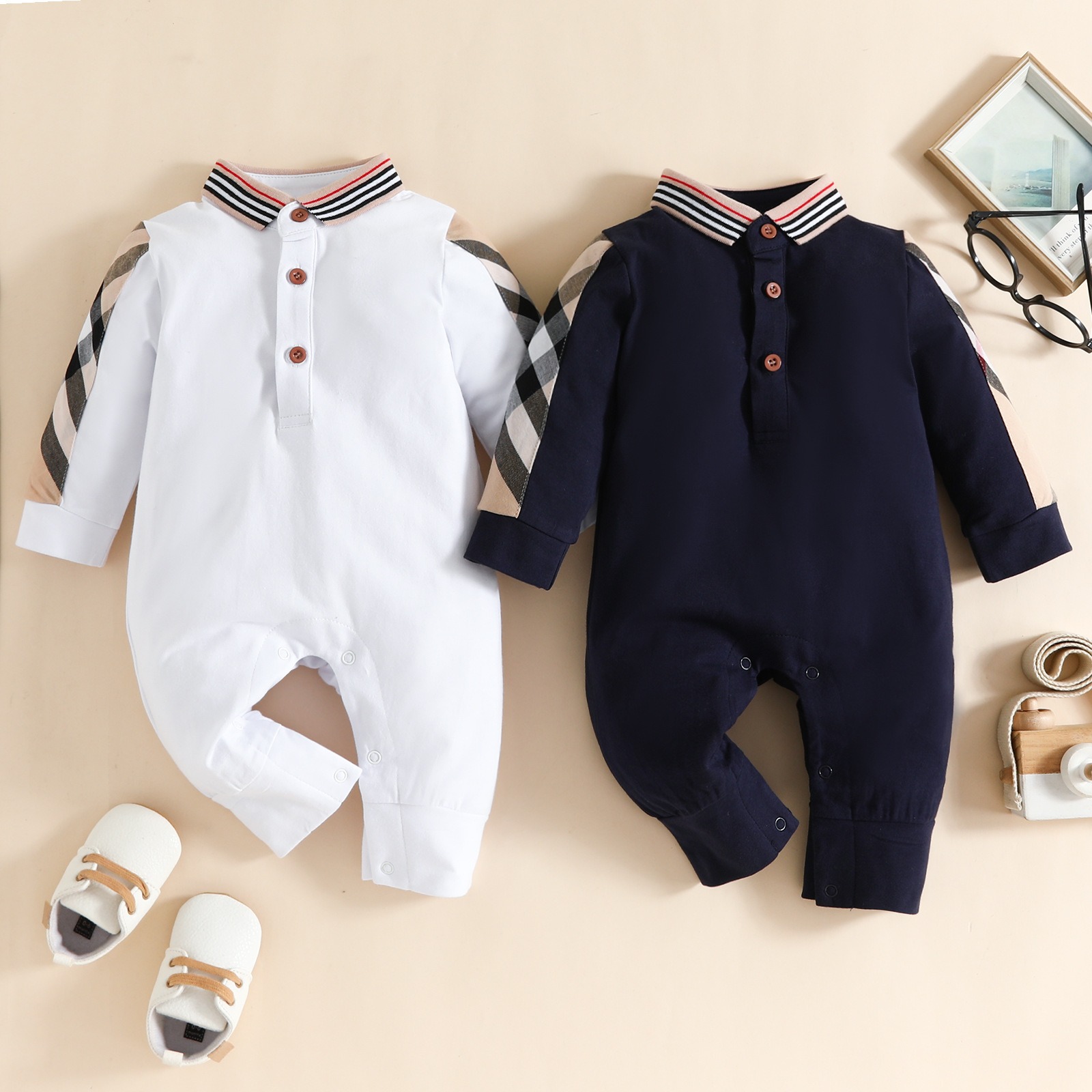 Baby Boy Button-Down Long-Sleeve Cotton Jumpsuits