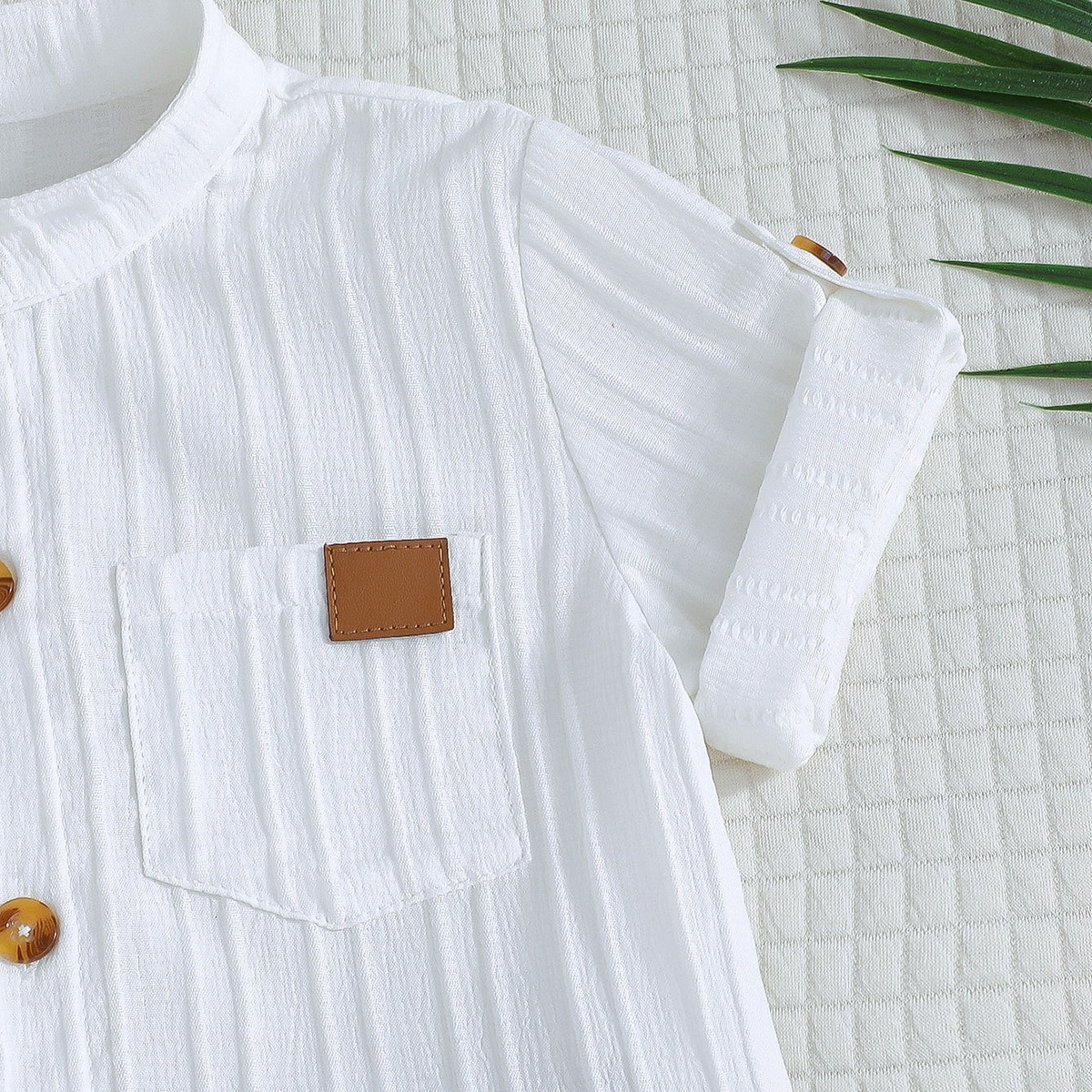 2pcs Toddler Boys Solid Color Striped Short Sleeve Shirt & Shorts