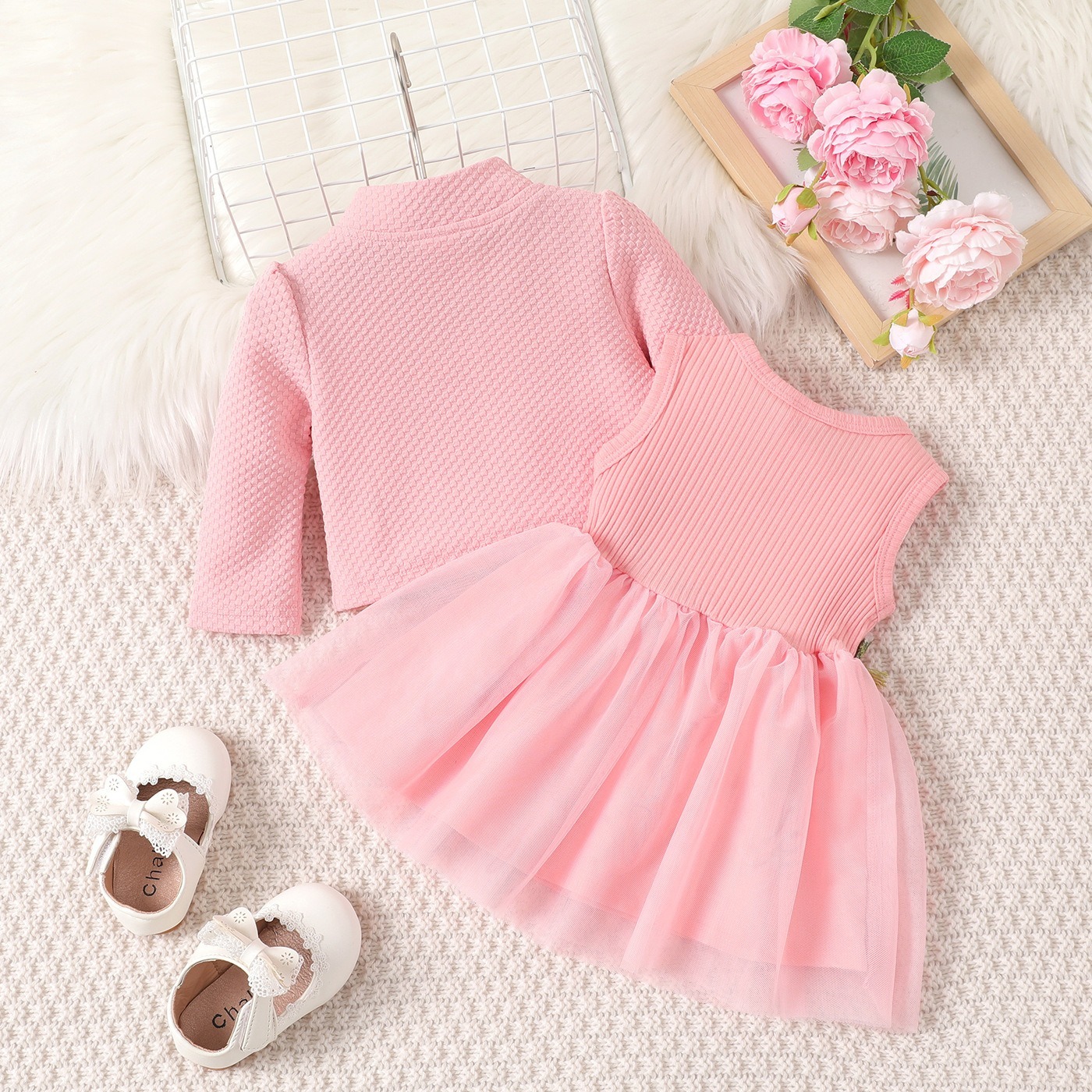 2pcs Baby Girls Tulle Dress With Long-Sleeve Cardigan