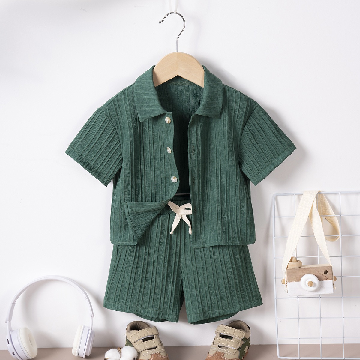 2pcs Toddler Boy Solid Single-Breast Shirt & Shorts