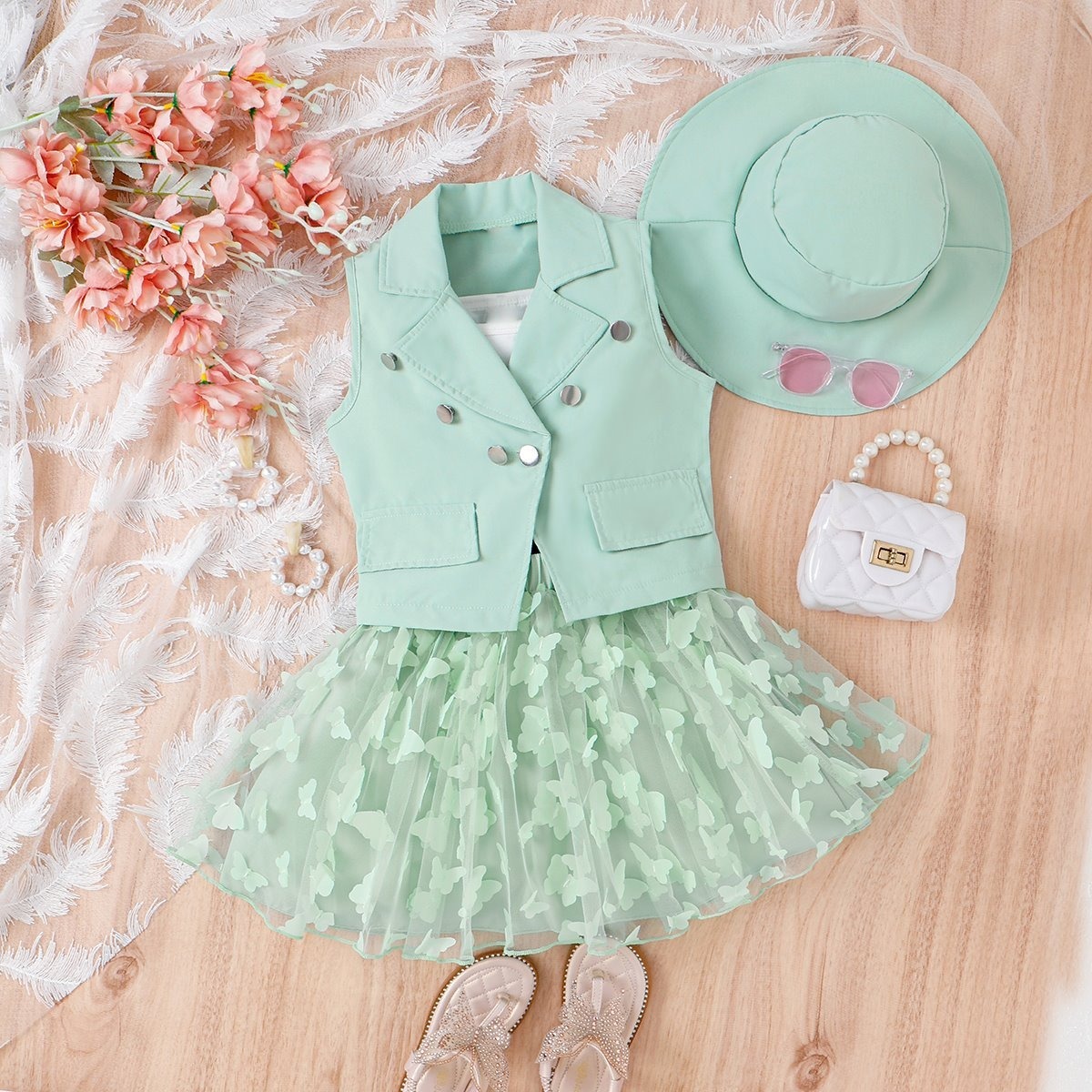 4pcs Toddler Girls Notched Lapel Blazer And Bow Tulle Skirt Outfit