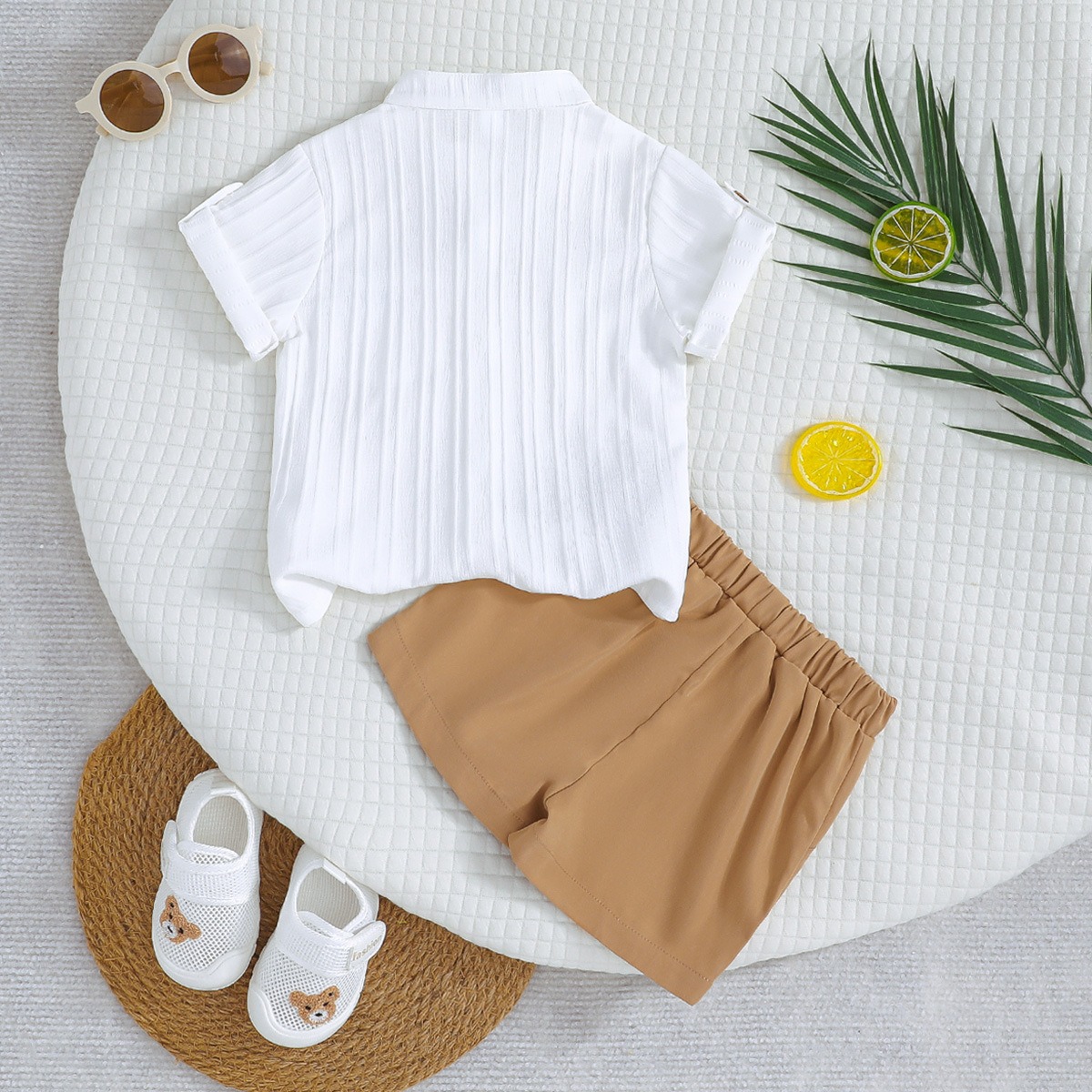 2pcs Toddler Boys Solid Color Striped Short Sleeve Shirt & Shorts