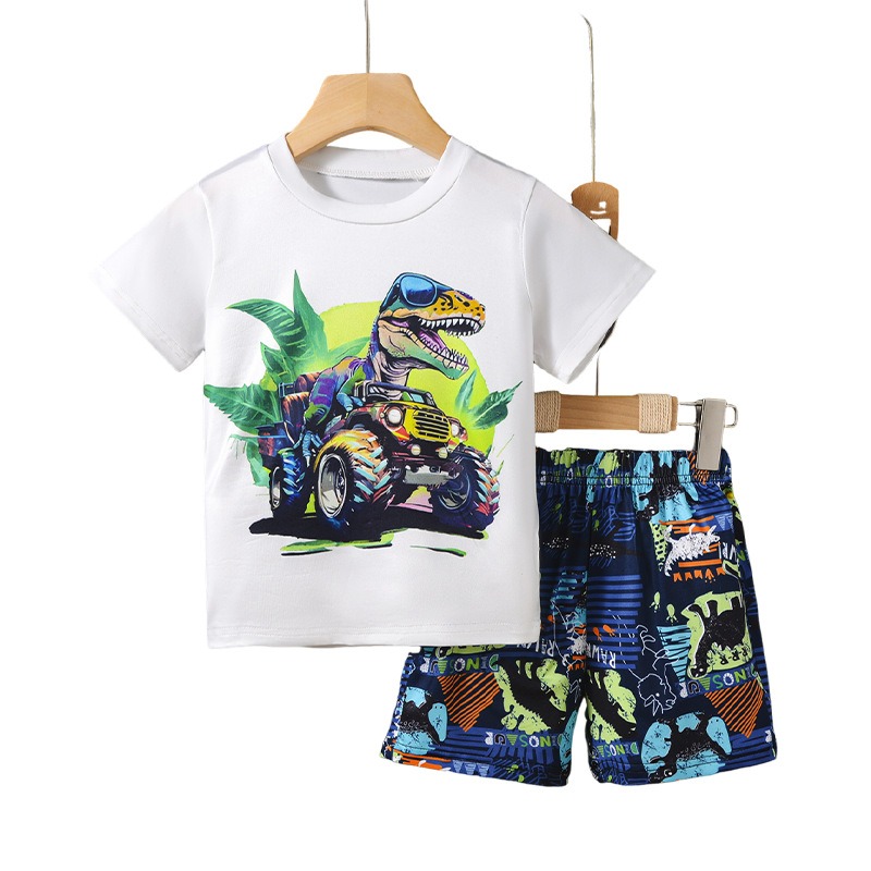 2pcs Toddler Boys Dino Rider Graphic Tee & Bike Shorts