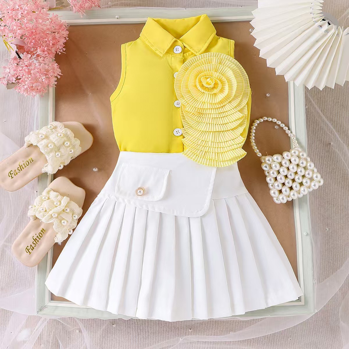 2pcs Baby Girls Sleeveless Blouse And Pleated Skirt