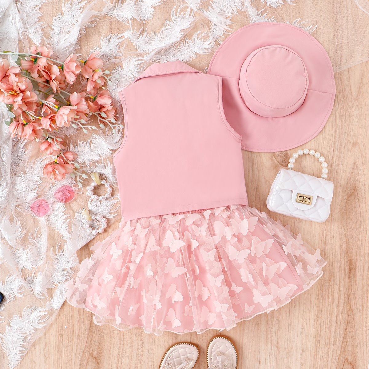 4pcs Toddler Girls Notched Lapel Blazer And Bow Tulle Skirt Outfit