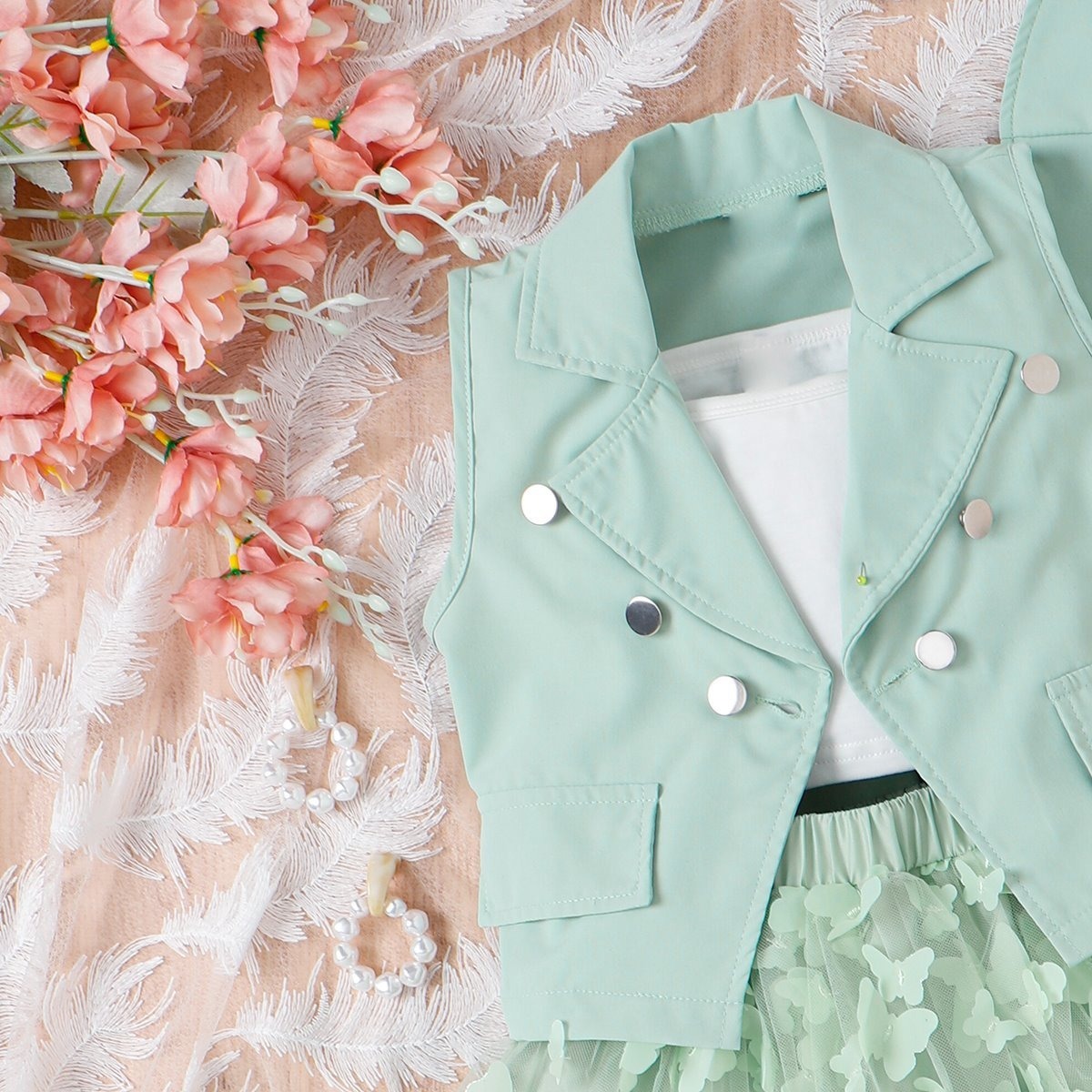 4pcs Toddler Girls Notched Lapel Blazer And Bow Tulle Skirt Outfit