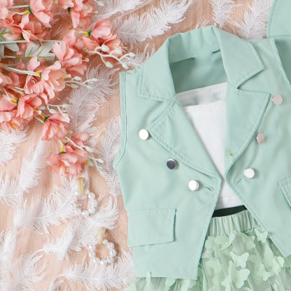 4pcs Toddler Girls Notched Lapel Blazer And Bow Tulle Skirt Outfit