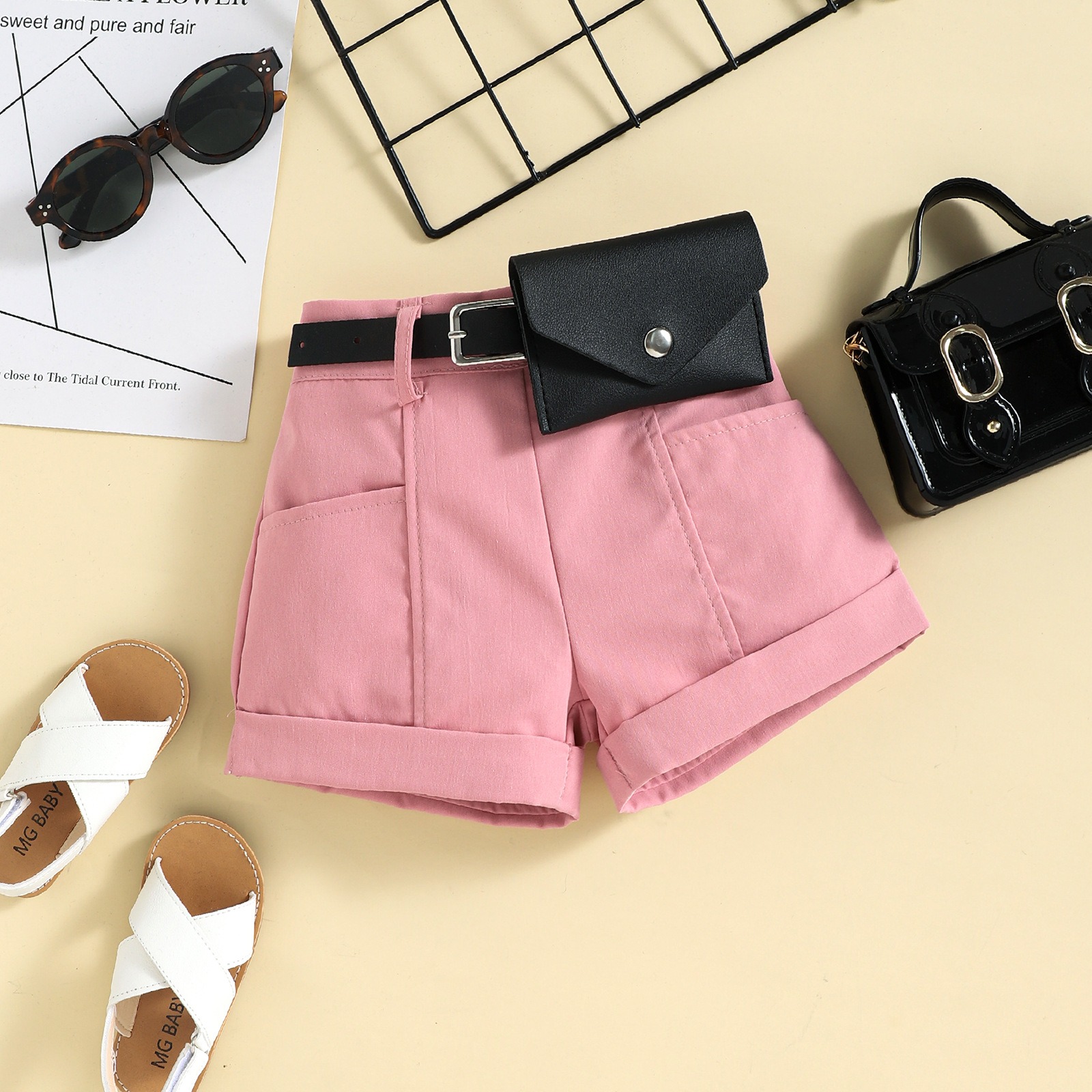 3pcs Toddler Girls Halter Neck Top & Shorts With Waist Bag