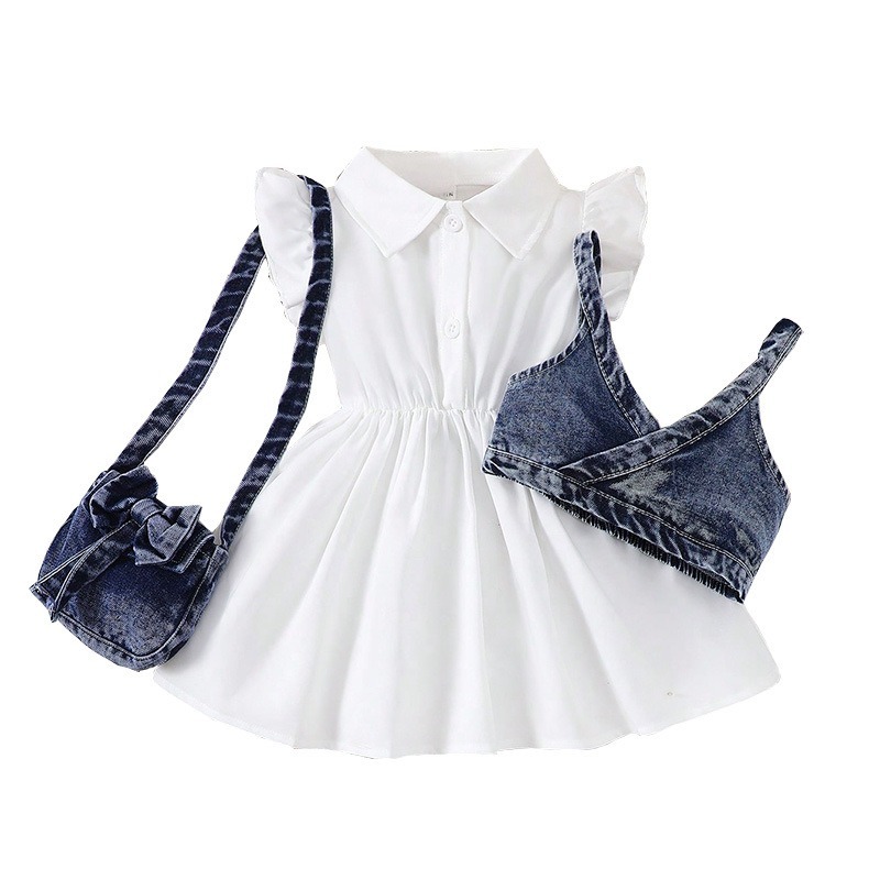 2pcs Baby Girls White Dress And Denim Vest Outfit
