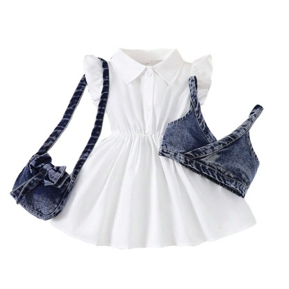 2pcs Baby Girls White Dress And Denim Vest Outfit