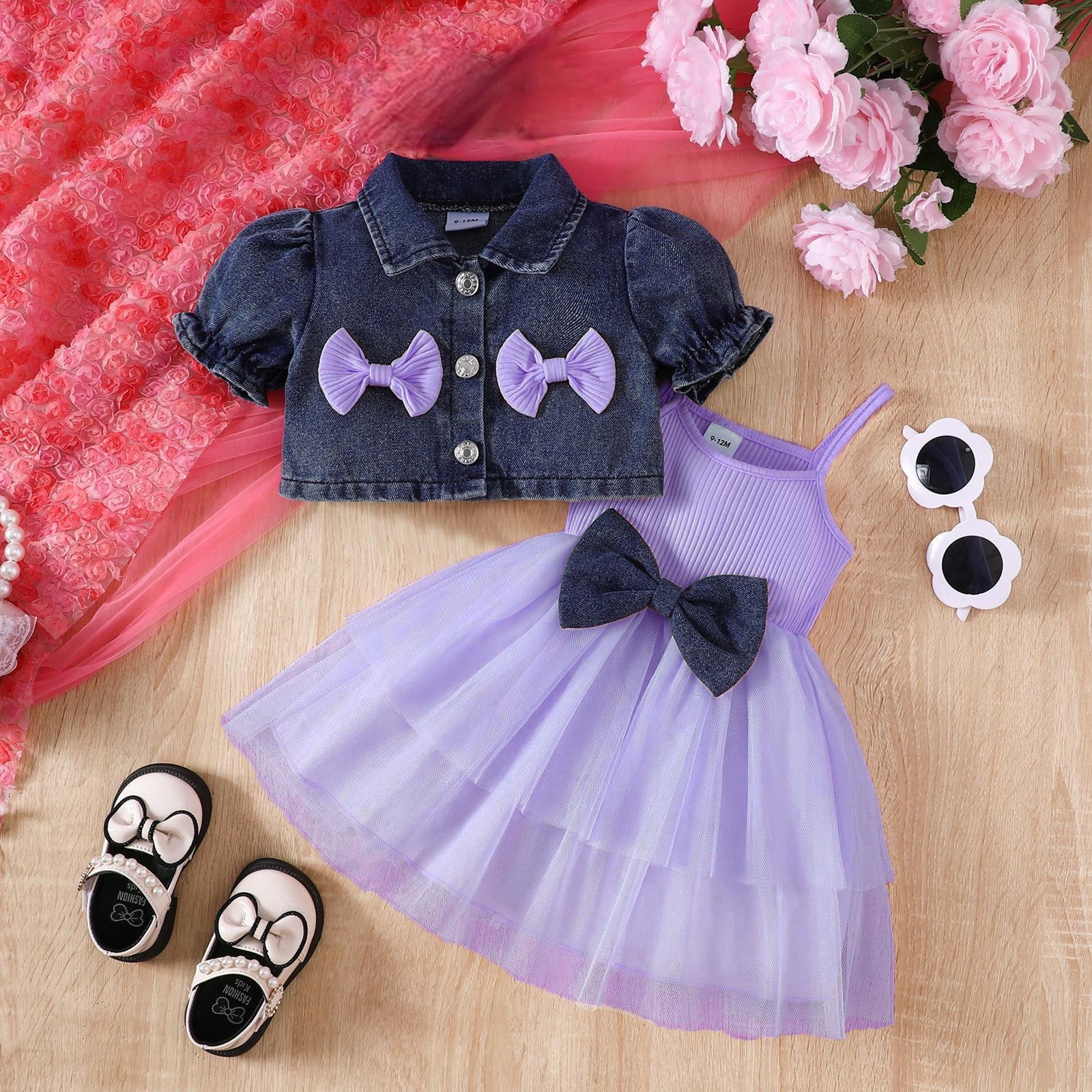 2pcs Baby Girls Tulle Dress Set with Bow Details