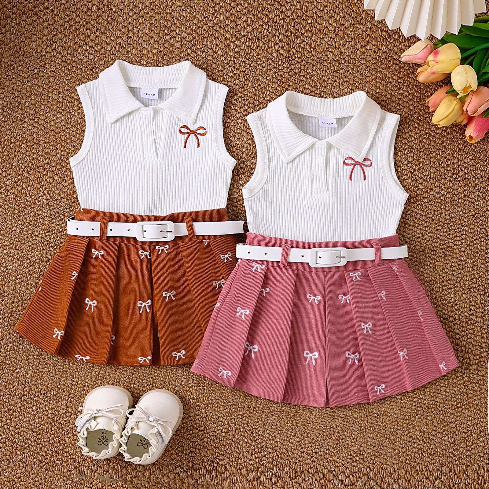 2pcs Toddler Girls White Ribbed Top And Printed Mini Skirt