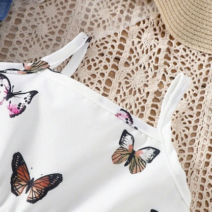 2pcs Baby Girls All-Over Butterfly Print Tiered Dress Outfit