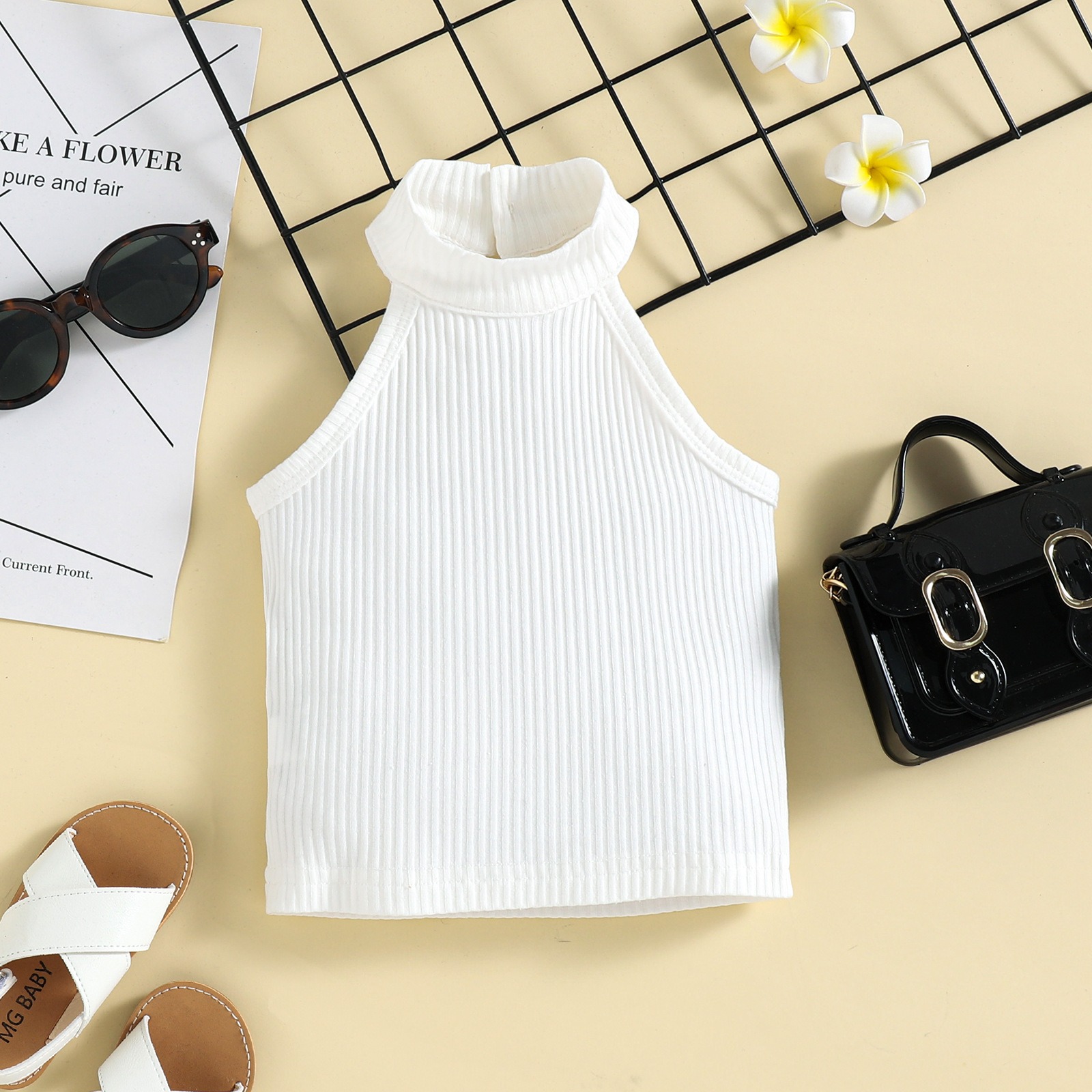 3pcs Toddler Girls Halter Neck Top & Shorts With Waist Bag