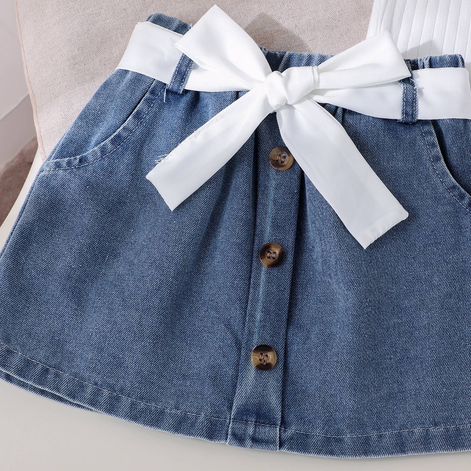 3pcs Baby Girls Ruffle Sleeveless Top And Denim Skirt