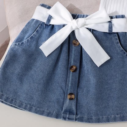 3pcs Baby Girls Ruffle Sleeveless Top And Denim Skirt