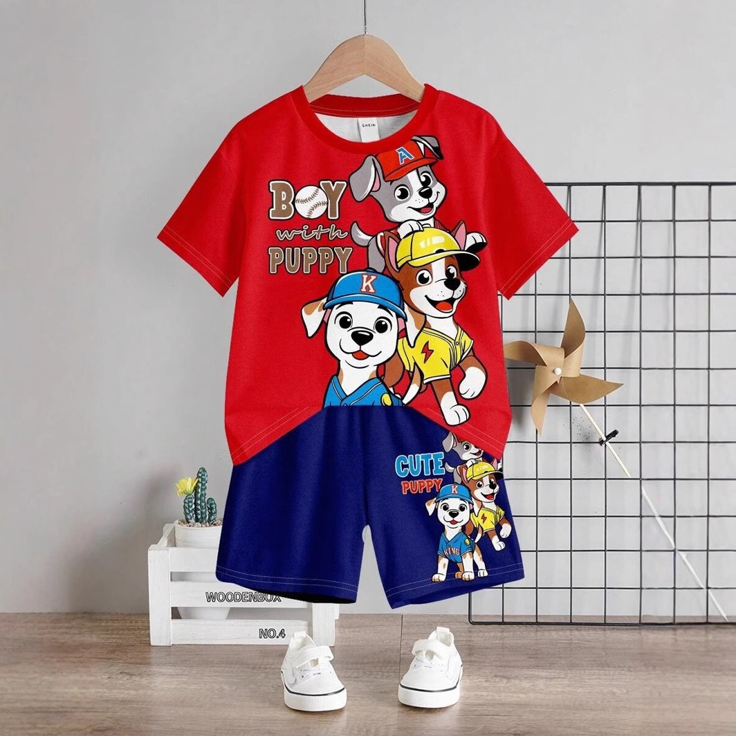 2pcs Toddler Boy Casual Cartoon Print Round Neck Short Sleeve T-Shirt & Shorts