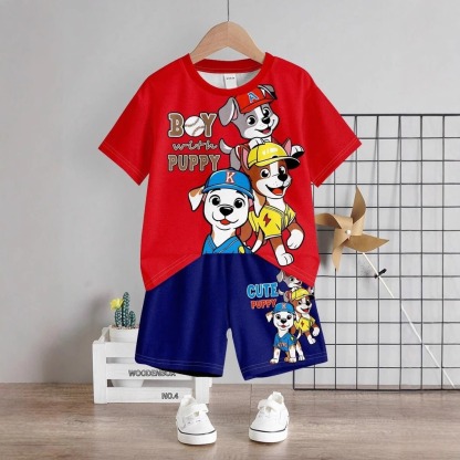 2pcs Toddler Boy Casual Cartoon Print Round Neck Short Sleeve T-Shirt & Shorts