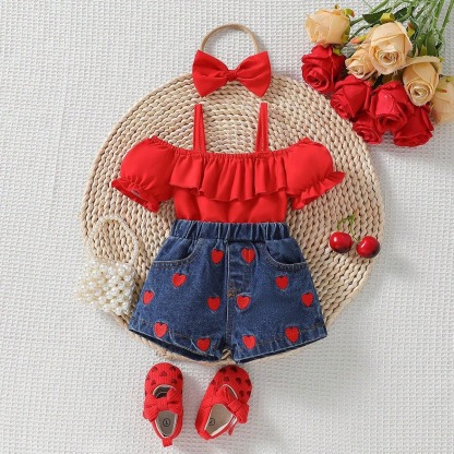 3pcs Baby Girls Off-Shoulder Ruffle Top And Embroidered Denim Outfit