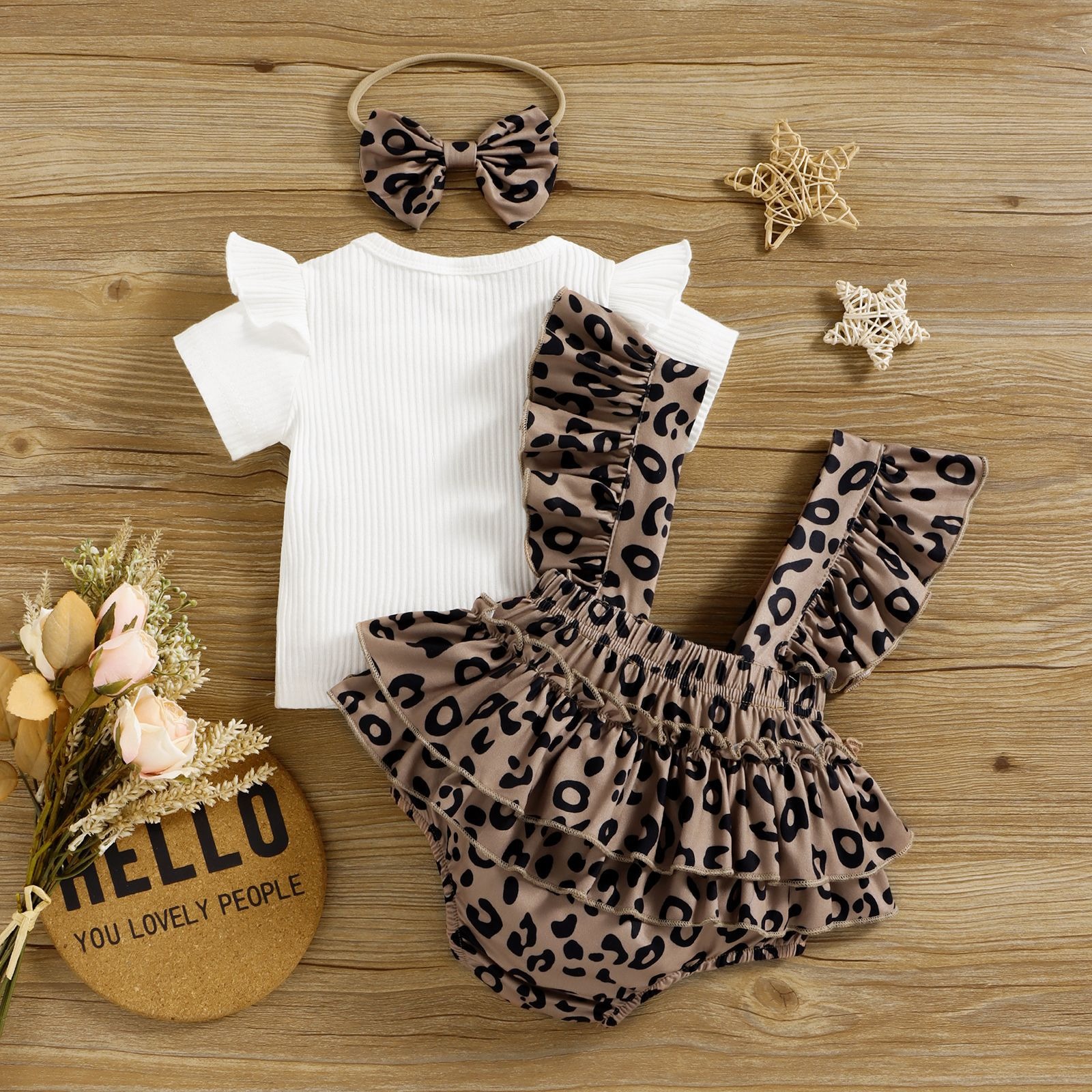 3pcs Baby Girls Leopard Print Short-Sleeve Onesies Set