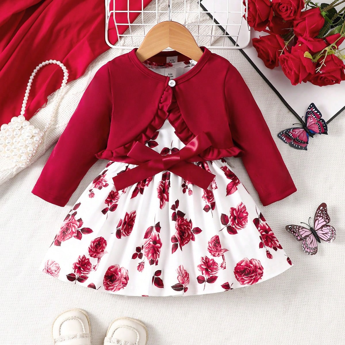 2pcs Baby Girls Rose Print A-line Dress