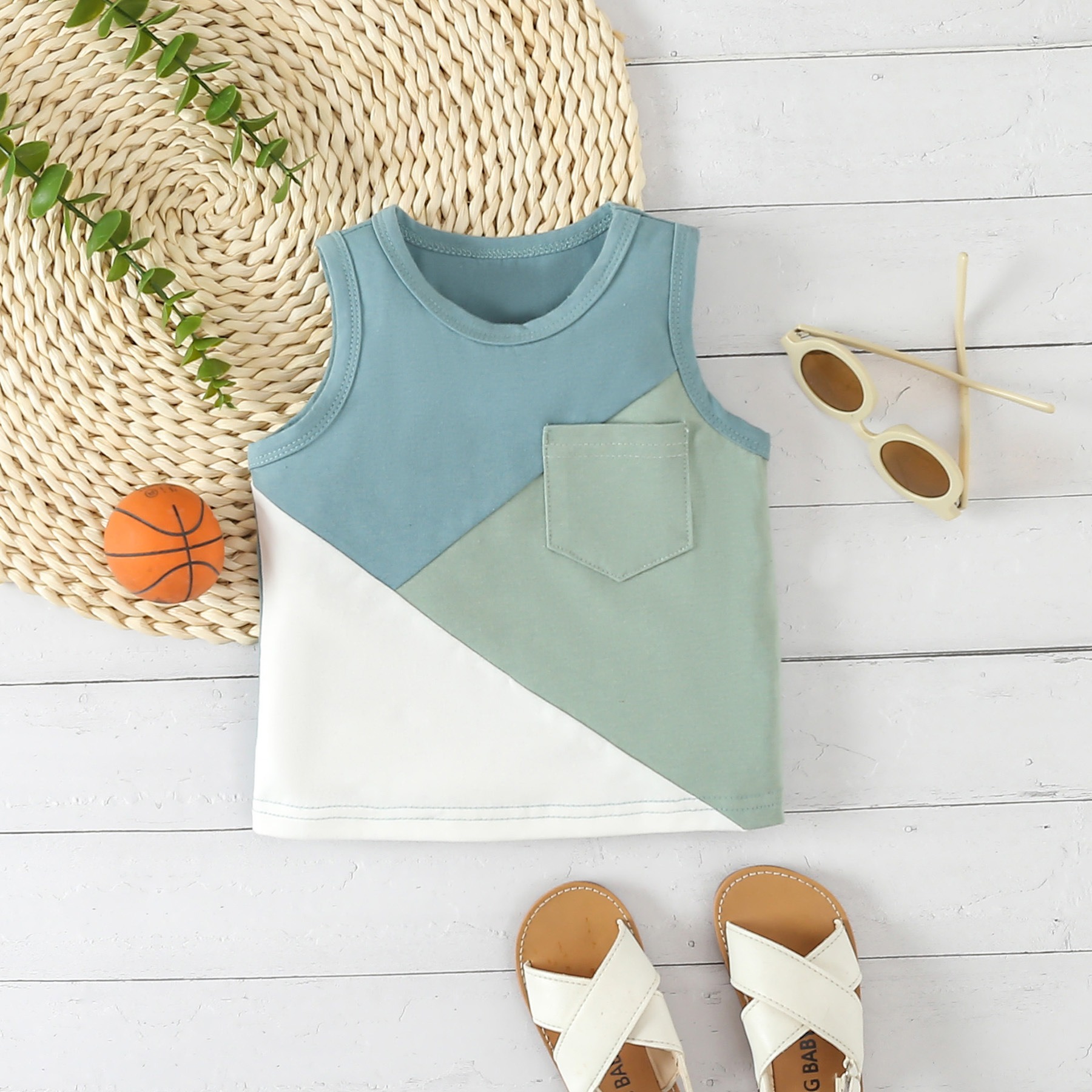 2pcs Toddler Boys Sleeveless Patchwork Top & Swim Trunks