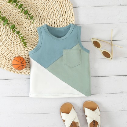2pcs Toddler Boys Sleeveless Patchwork Top & Swim Trunks
