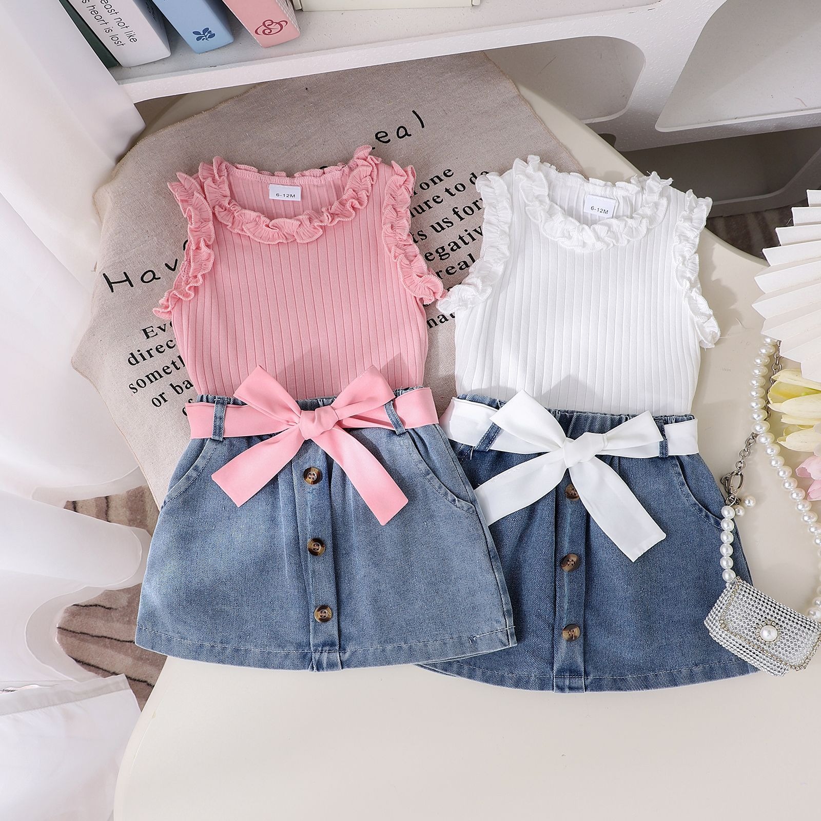3pcs Baby Girls Ruffle Sleeveless Top And Denim Skirt