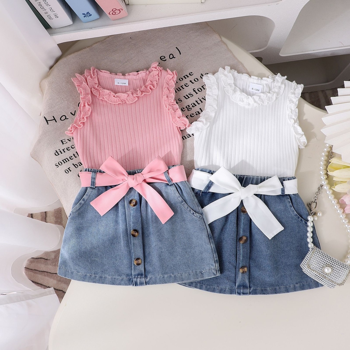 3pcs Baby Girls Ruffle Sleeveless Top And Denim Skirt