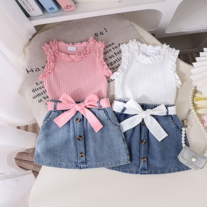 3pcs Baby Girls Ruffle Sleeveless Top And Denim Skirt