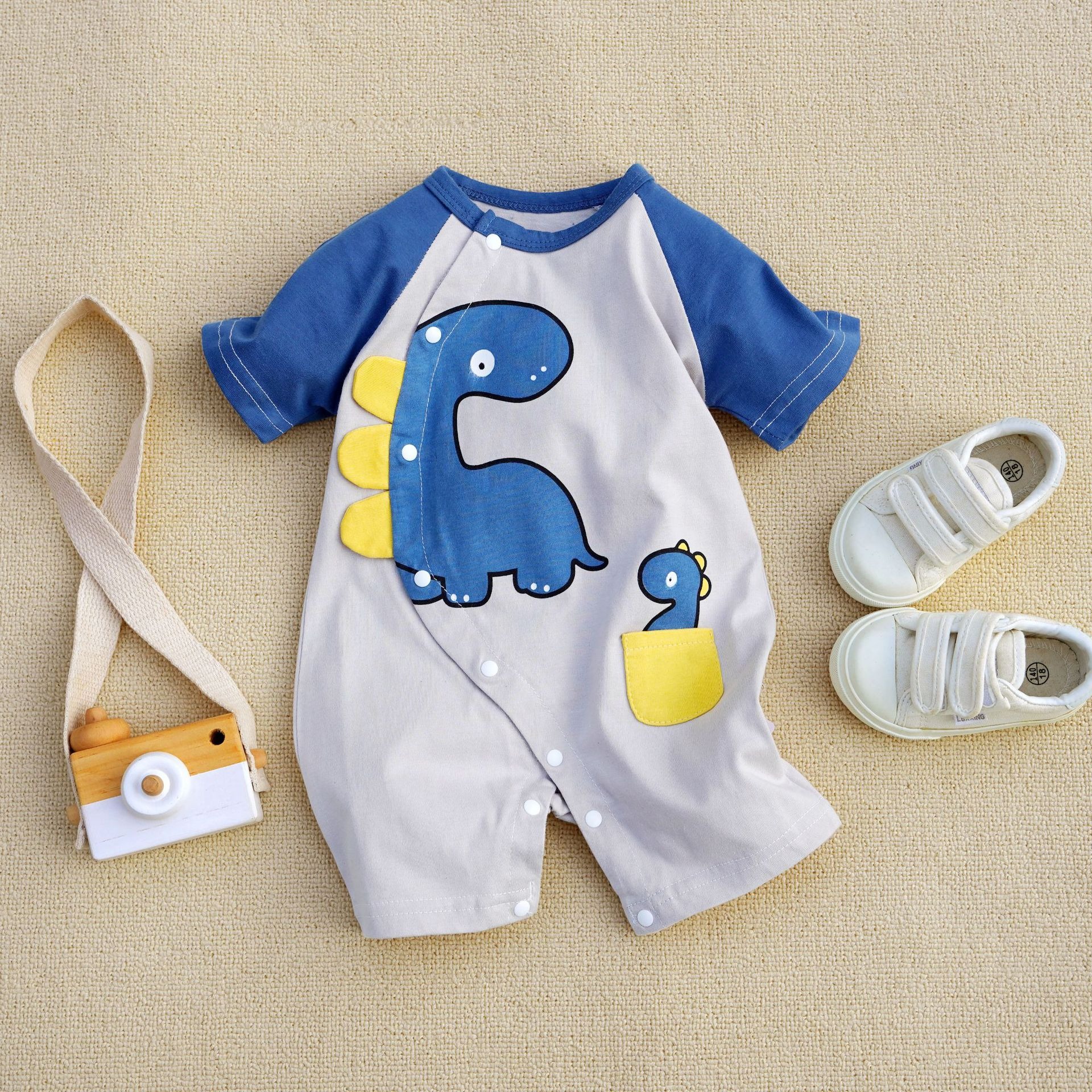 Baby Boy Dinosaur Print Diagonal-Snap Jumpsuits
