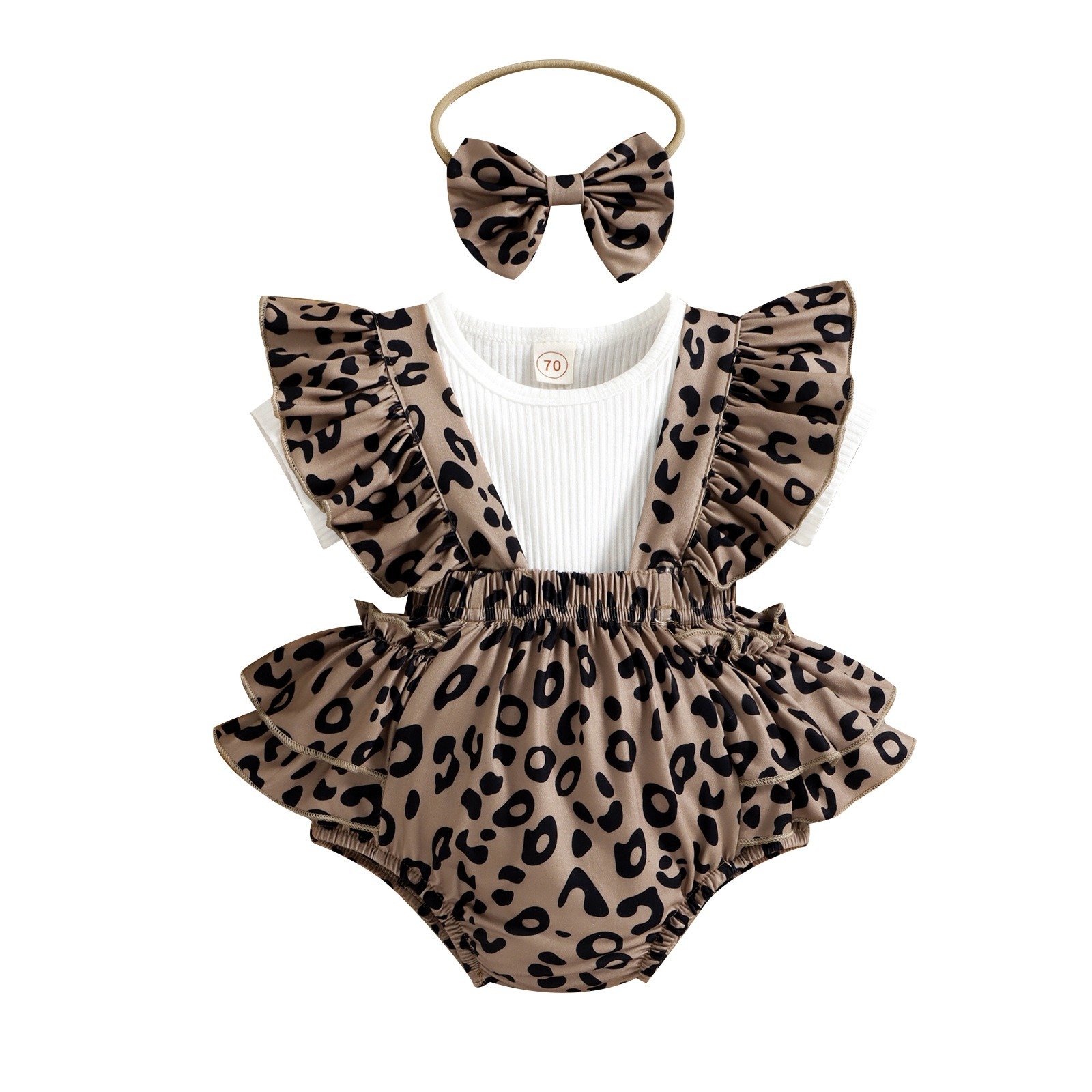 3pcs Baby Girls Leopard Print Short-Sleeve Onesies Set