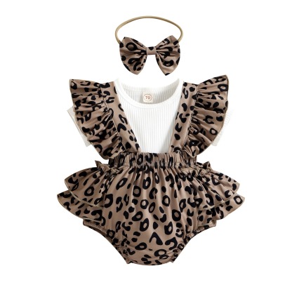 3pcs Baby Girls Leopard Print Short-Sleeve Onesies Set