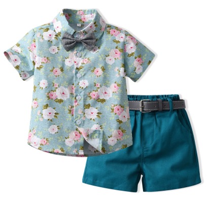 2pcs Toddler Boys Country Style Bow Tie Shirt & Tailored Shorts