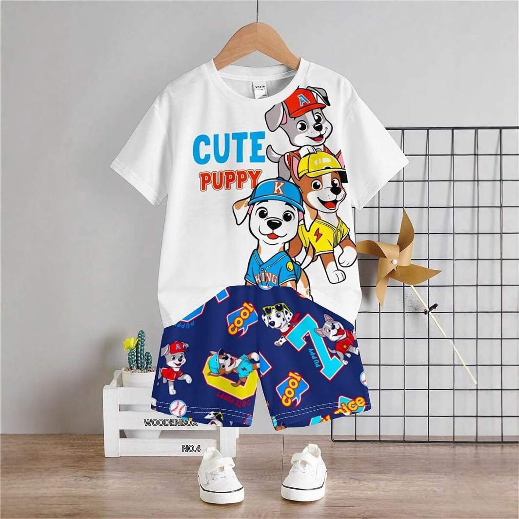 2pcs Toddler Boy Casual Cartoon Print Round Neck Short Sleeve T-Shirt & Shorts
