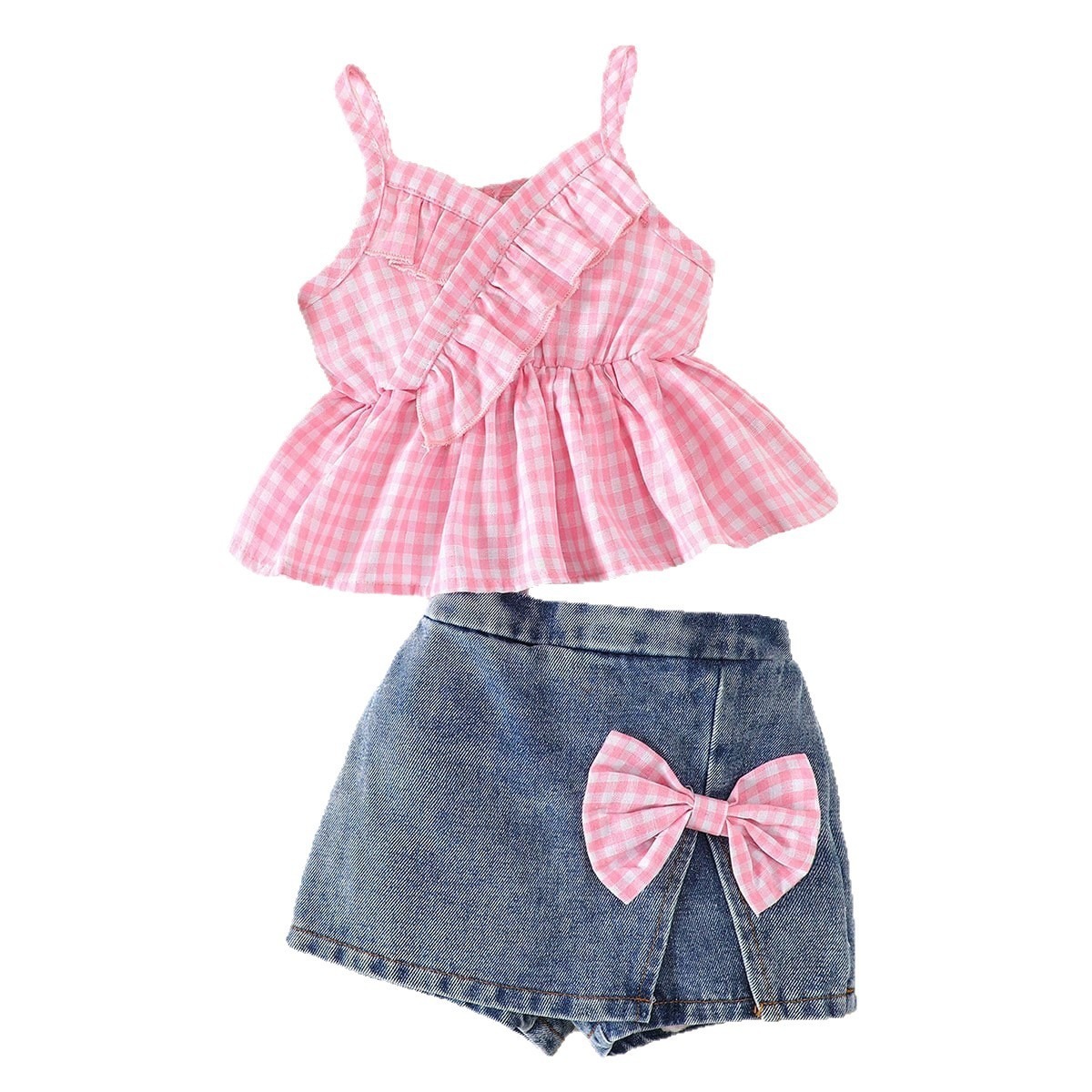 2pcs Baby Girls Pink Seersucker Strappy Outfit