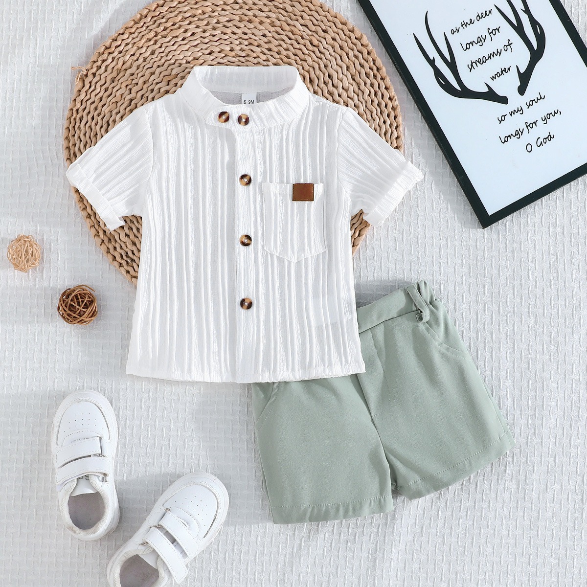 2pcs Toddler Boys Solid Color Striped Short Sleeve Shirt & Shorts