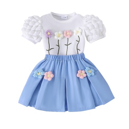 2pcs Toddler Girls Puff-Sleeve Floral Blouse Set