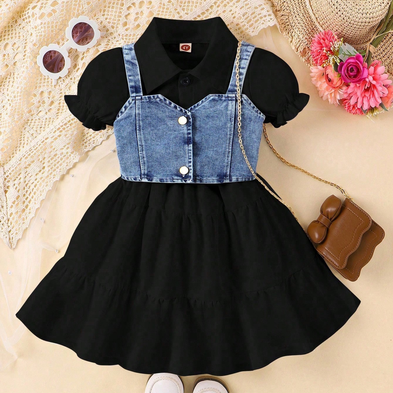2pcs Toddler Girls Puff-Sleeve Dress With Denim Jumper