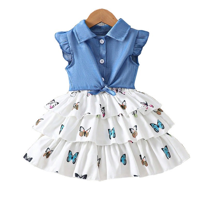 2pcs Baby Girls All-Over Butterfly Print Tiered Dress Outfit