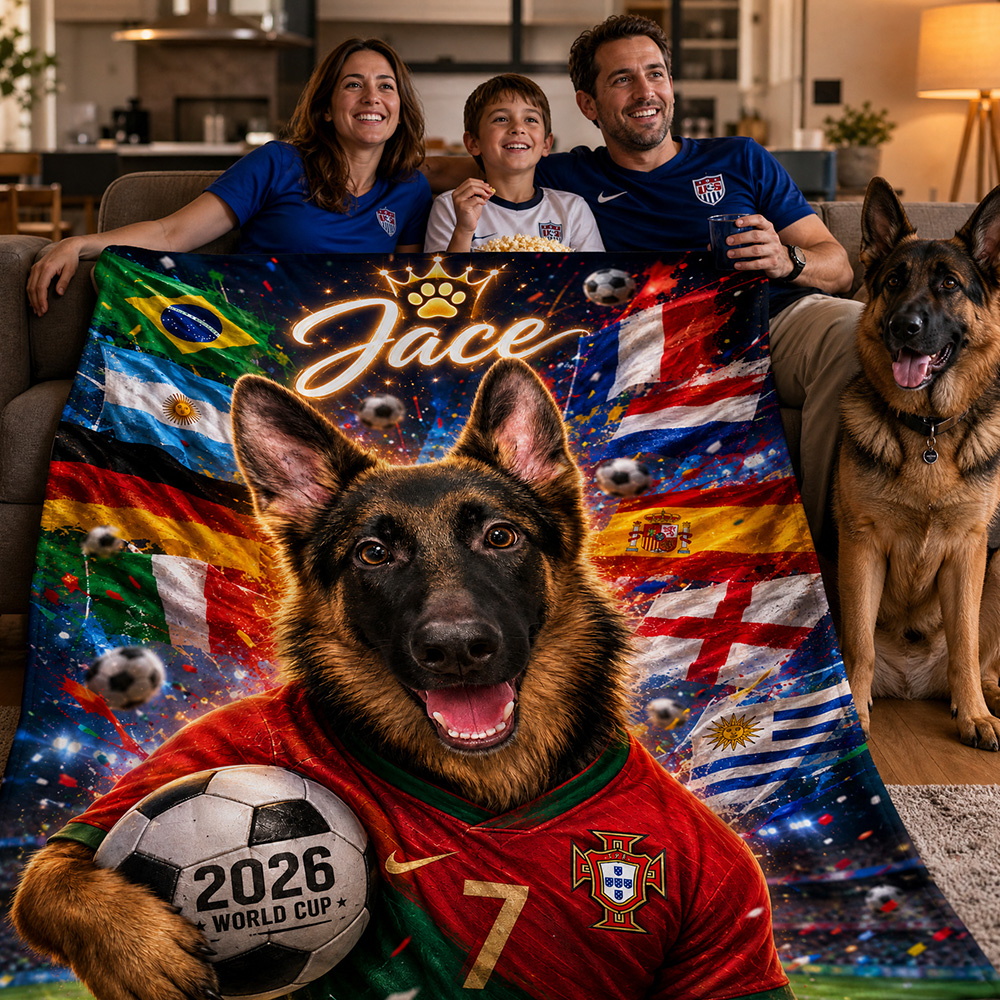 Custom Pet Portrait 2026 World Cup Football Printed Pet Name Team Blanket