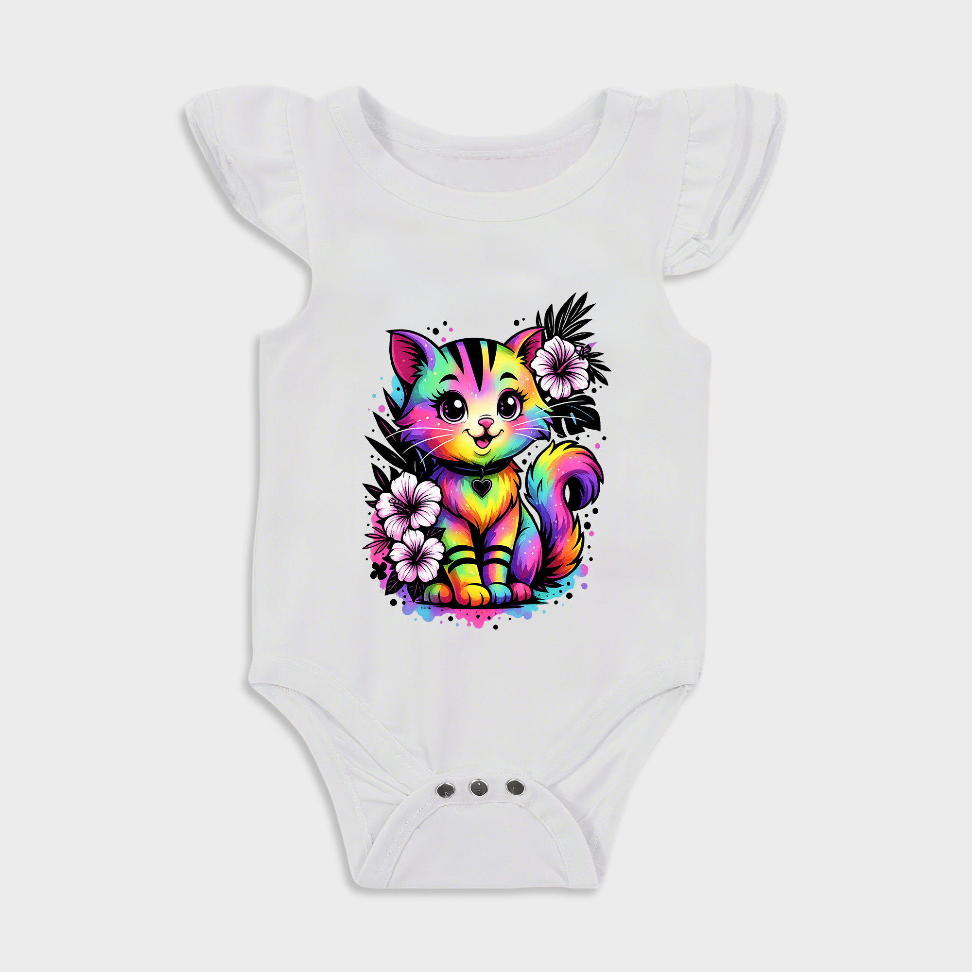 Rainbow Cat Ruffled Triangle Onesies in White Baby onesies