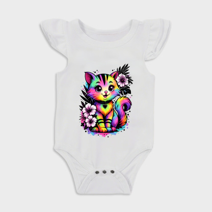 Rainbow Cat Ruffled Triangle Onesies in White Baby onesies