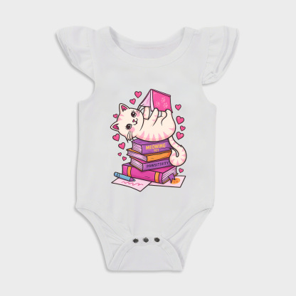 Reading Cat Ruffled Triangle Onesies in White Baby onesies
